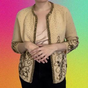 Cream and brown wool beaded sweater